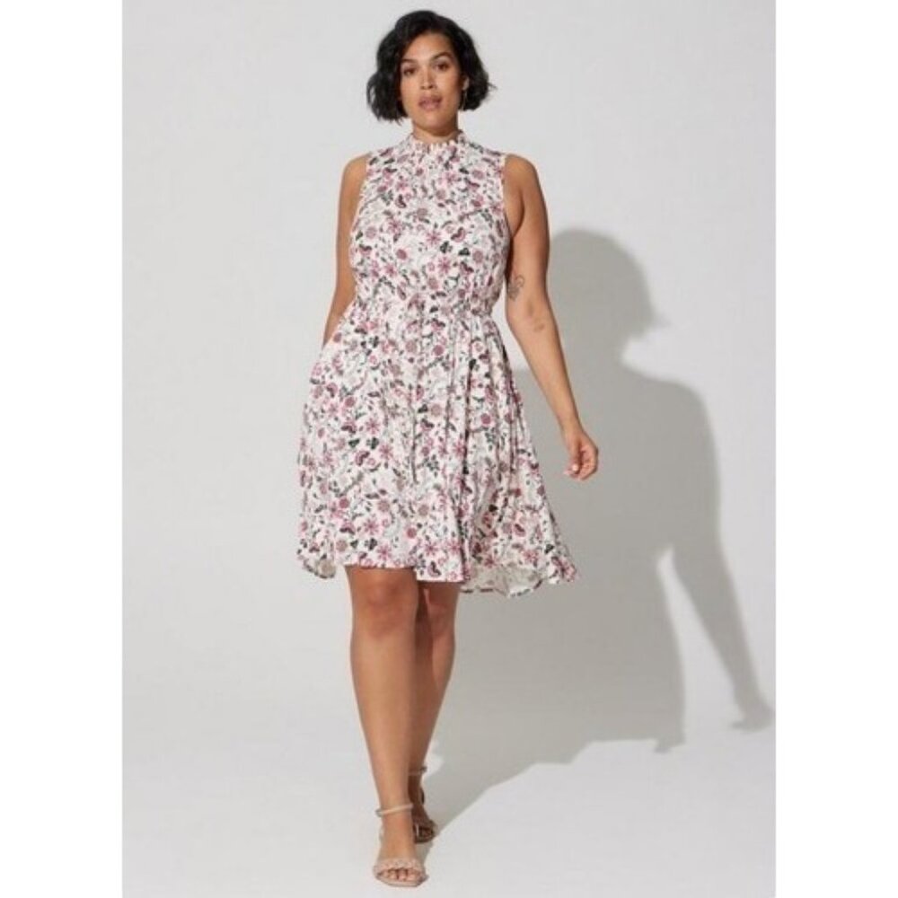 Torrid Mini Stretch Challis High Neckline Hi-Low Dress‎ Multi Sz 2 (2X) White